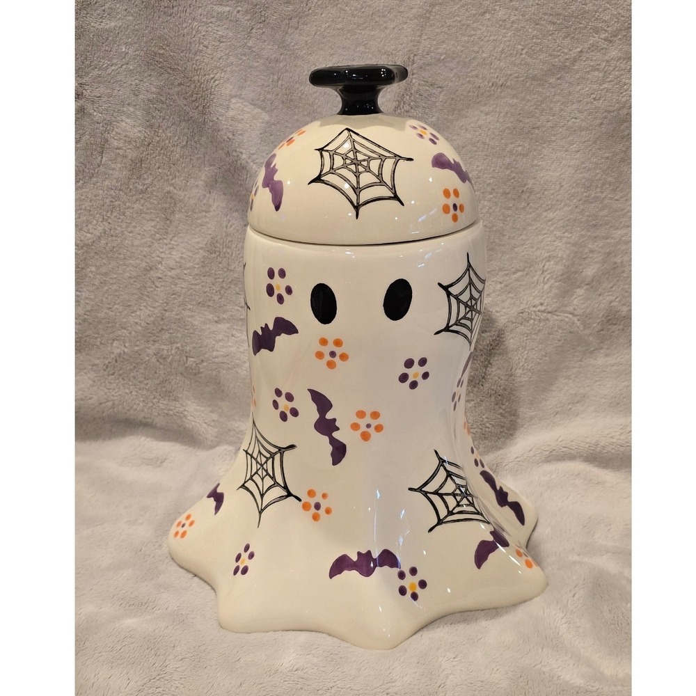 Retired Temptations Halloween‎ Old World BOO-FETTI Ghost Cookie Jar Spiders Bats